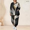 Women Plus Size Black Gold Gray Printed Nurse Scrub Set V Neck Long Sleeve Pocket Top Long Pants