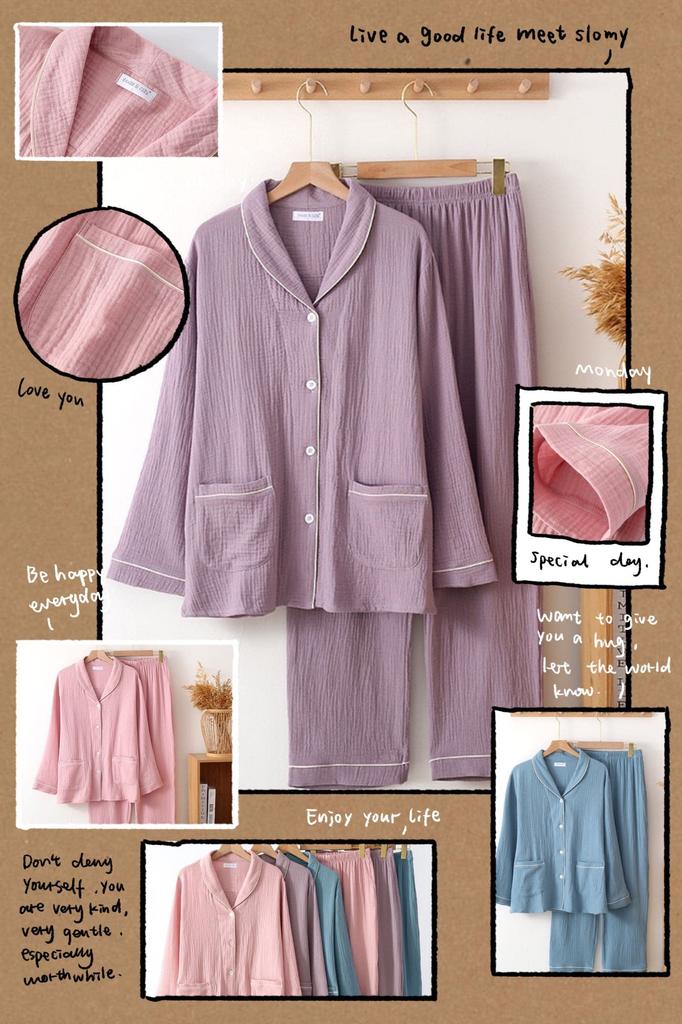 Yume Gauze Star Marshmallow Comfortable Perfect Gift for Day or Day Cherry Blossom Pajamas, Double-Layered Pajamas, 100% Cotton, Pattern, Cotton,