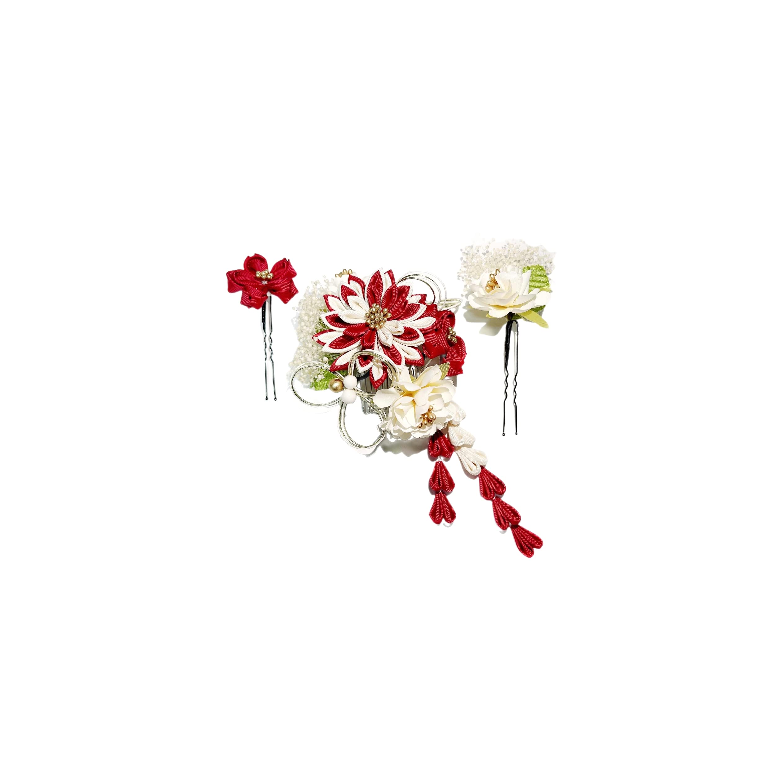 

Inari Shoji Tsumami Zaiku Mizuhiki Dried Flower Hair Ornament Set for Ceremonies and Graduations (3 Pieces) Coming-of-Age (Red)