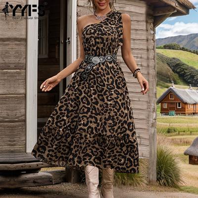 Women's Fashion Summer Spring Leopard Print Sleeveless Oblique Collar High Waist Casual Dresses
