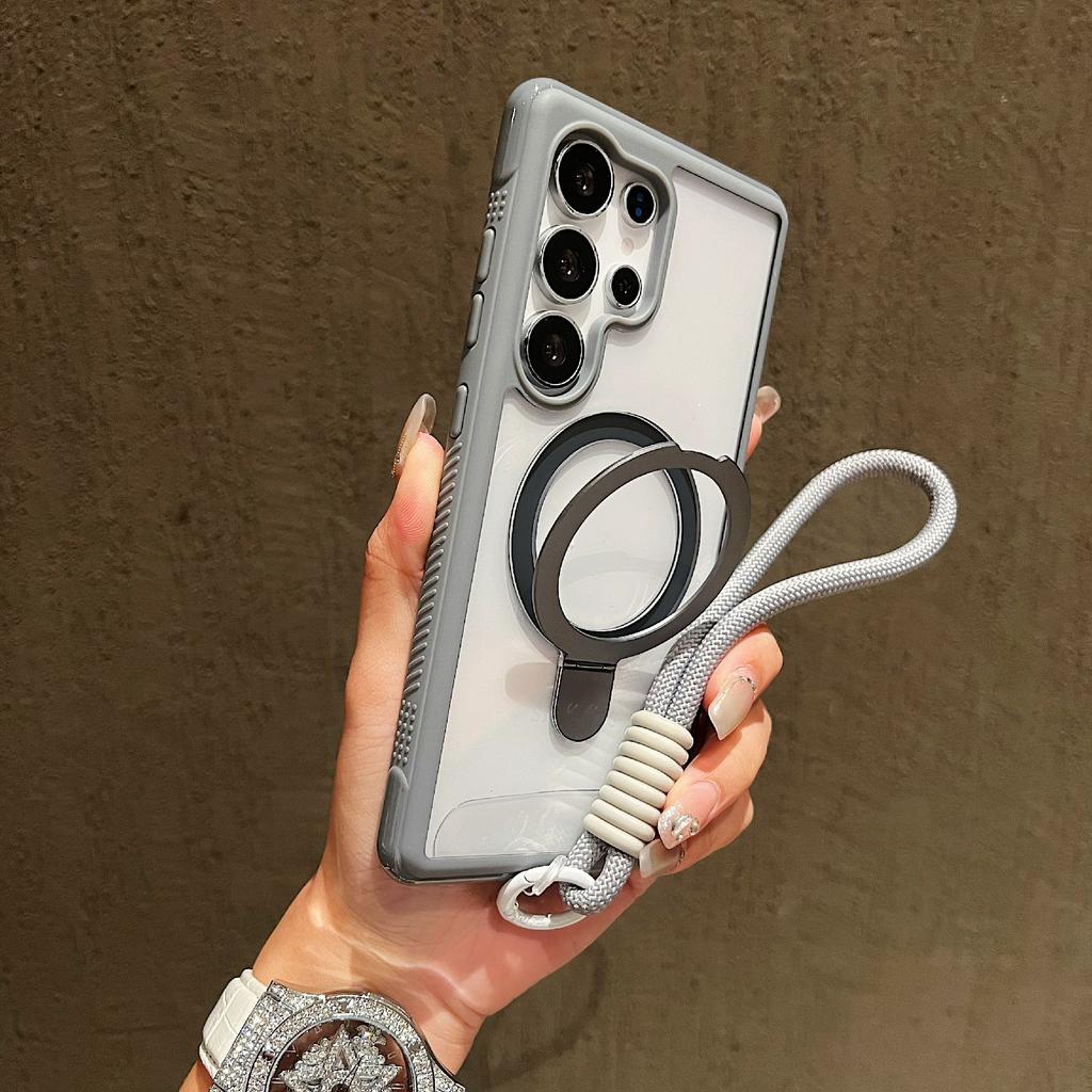 For Samsung Galaxy S25 Ultra Magnetic Case Kickstand TPU PC Clear Phone Back Cover with Wrist Strap