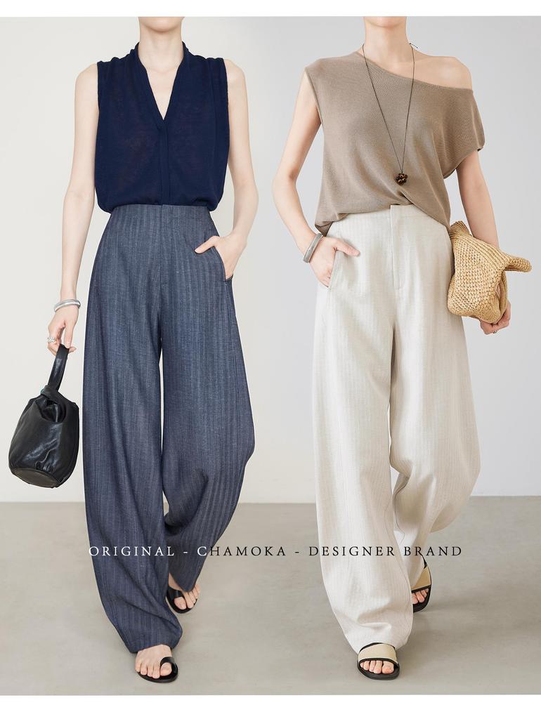Women's Anti-Wrinkle Tencel Linen Pants, Spring/Summer, Loose Herringbone, Wide-Leg Design, Original Linen Color, Style 7896.