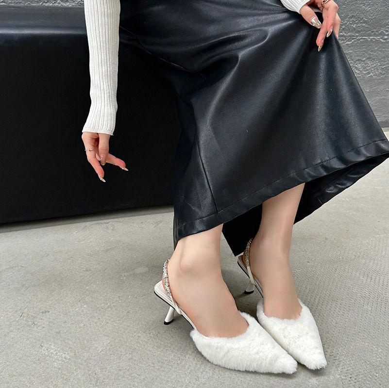 Fashion 2025 New Pointy Thin Heels Europe And The United States Fashion High Heels Fur Shoes Bao Head Sandals Empty A Line With A Middle