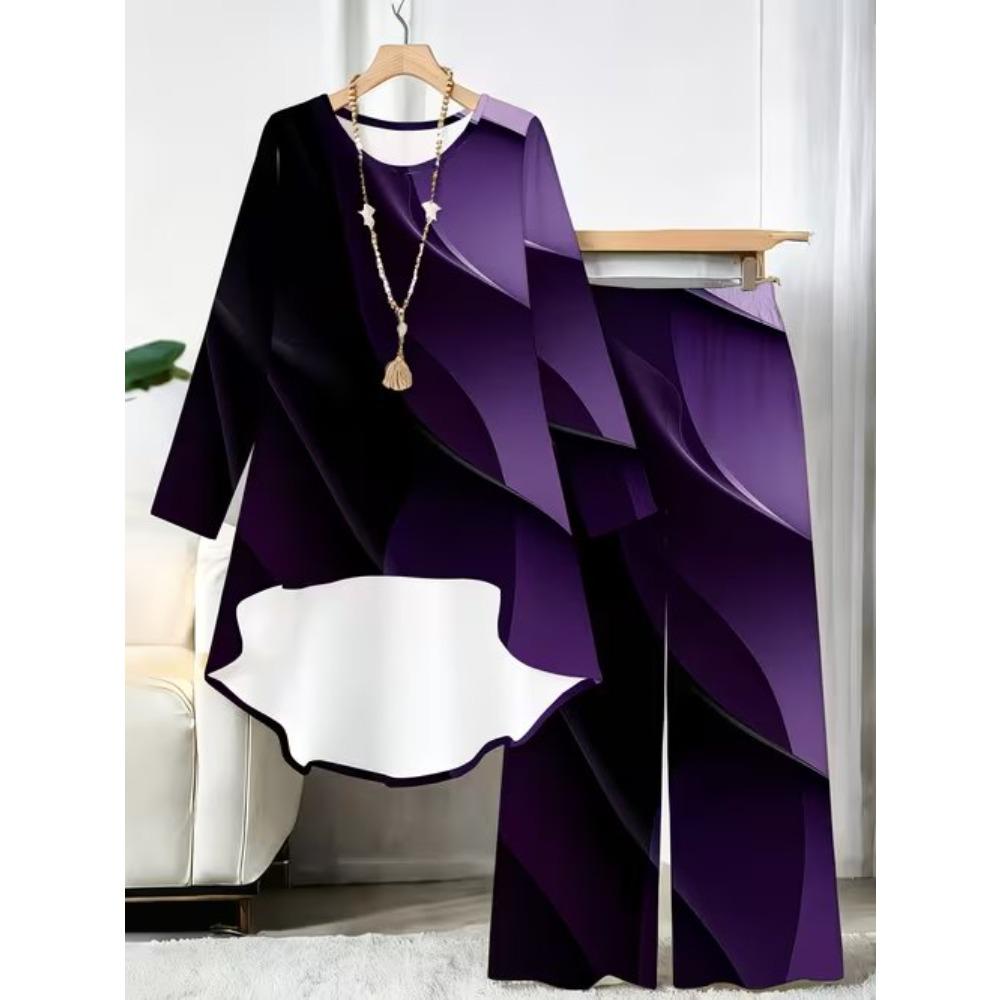 Geometric Pattern Print Two Piece Outfit Women Long Sleeve Irregular Hem Tunic Top Wide Leg Pants Casual Matching Set