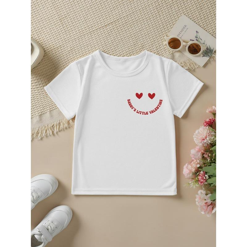 Mărimi europene Fete Modă de vară Tricou cu mânecă scurtă DADDYS LITTLE VALENTINE Imprimeu desen animat carouri și ochi de inimă Gât rotund casual
