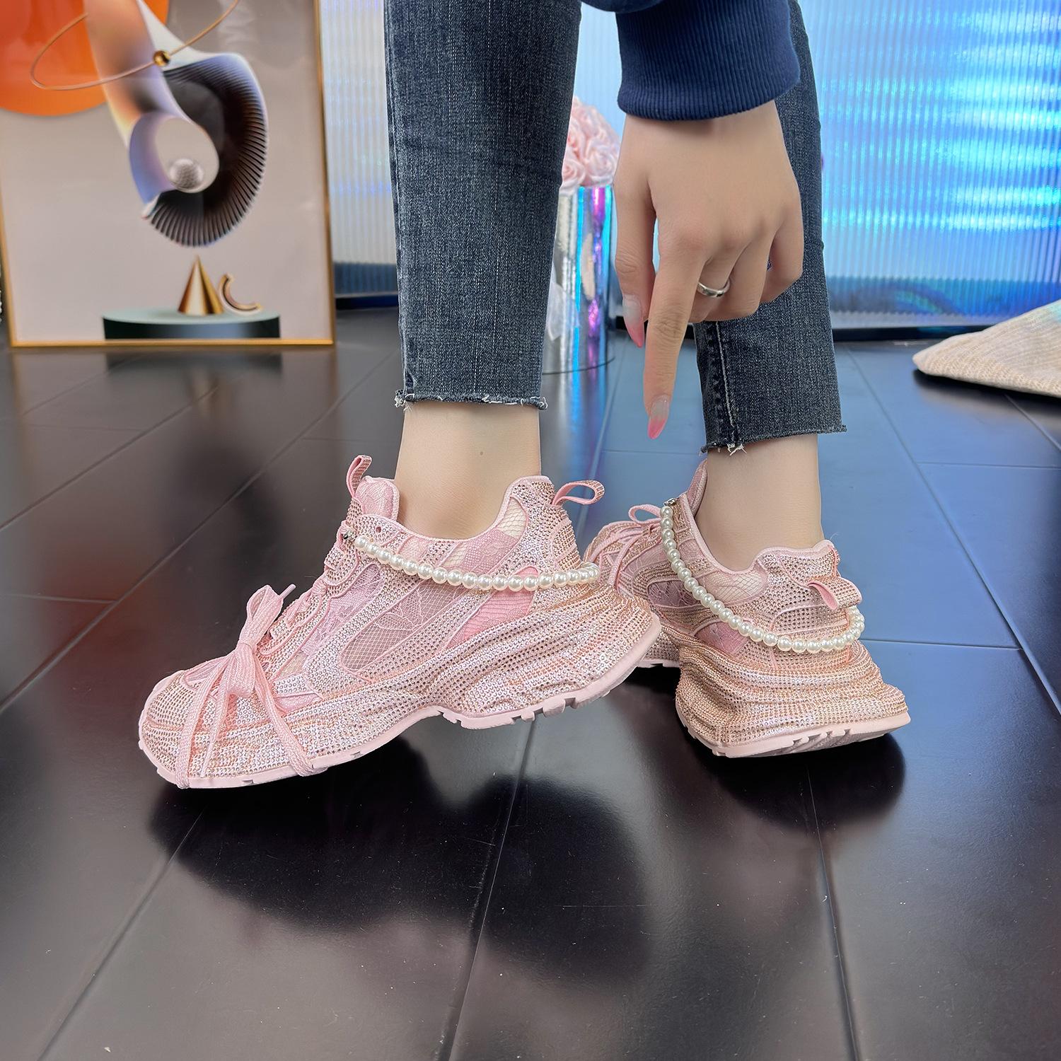 Station new crystal drill full diamond mesh ice breathable women s dad shoes pair of shoelaces cool 35 розовый