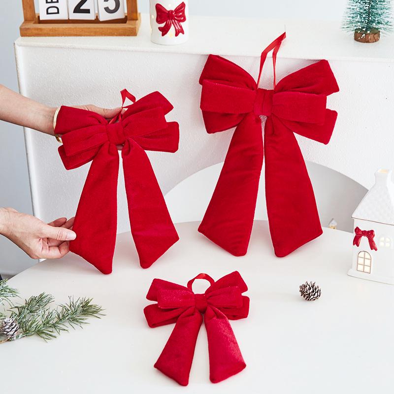Red Plush Long Tail Bow Christmas Window 3D Hanging Ornament