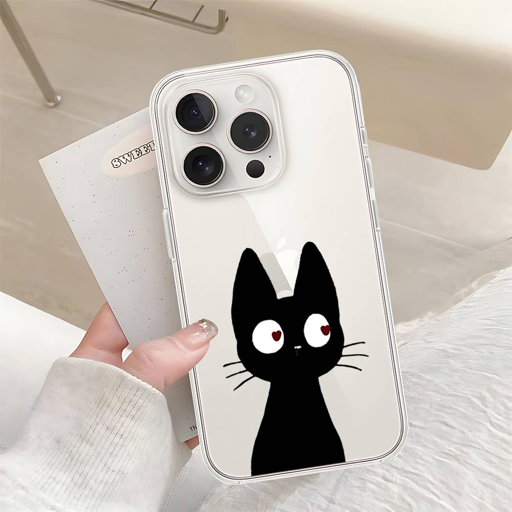 B-Black Cat Phone Case For Iphone17 16 15 11 13 14 Pro Max 7 8 Plus X Xr Xs Max Se2020 12mini Transparent Cov