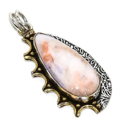 Natural Orange Scolecite Stone Tow Tone 925 Sterling Silver Pendant 1.97" i8Y15