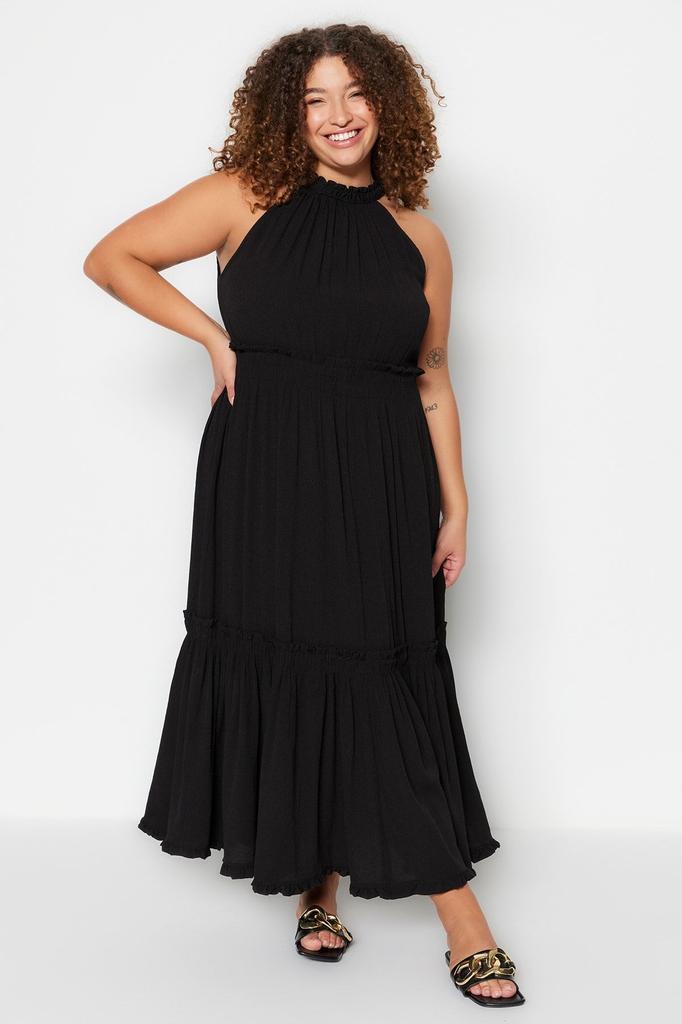 Women's Style Plus Size Black Halter Neck Woven Dress