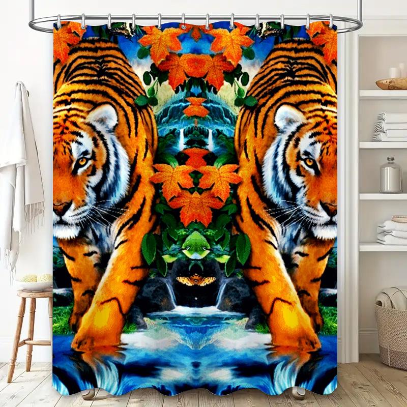 Tiger Print Shower Curtain Waterproof Home Decor Bathroom Rug Mat Modern Orange Floral Design for Kids Bedroom Decoration (Size: