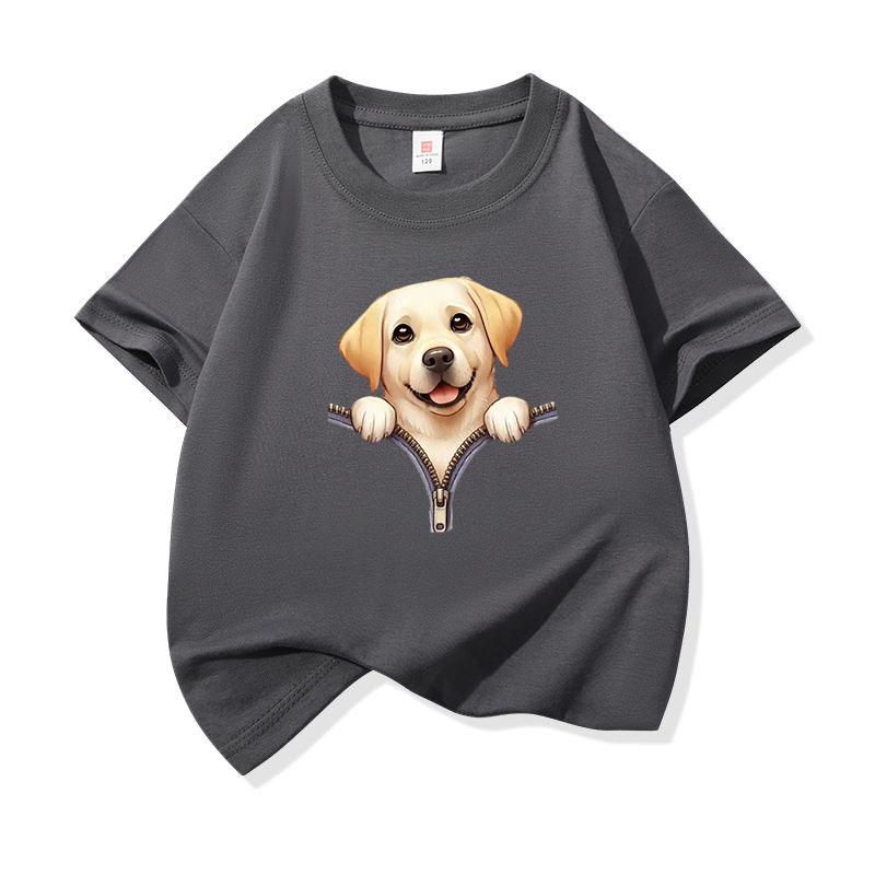 Kids Cotton T Shirt Cute Labrador Retriever Dog Zipper Print Crew Neck Short Sleeve Tee Casual Boys Girls Summer Tops