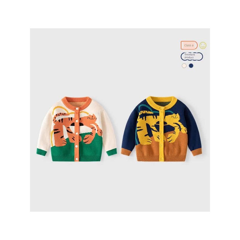 Spring & Fall Little Tiger Contrasting Color Jacquard Children's Cardigan Girl Round Neck Pure Cotton Knitwear Boy Sweater Coat