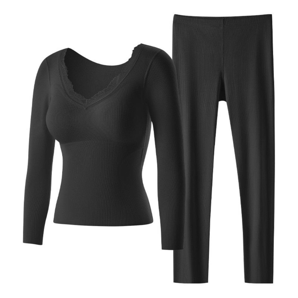 

with Chest Pad Women Thermal Underwear Lace Solid Color Warm Long Tops Pants Set Soft Body-Shaping Slimming Underwear M чёрный