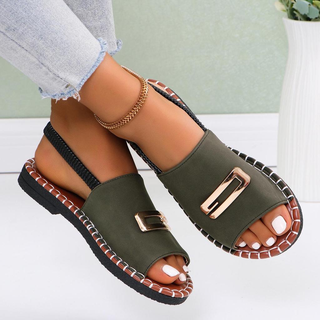 Women's European & American Flat Sandals with Elastic Fabric Band and Metal Accents, Plus Size, Beach-Ready.
