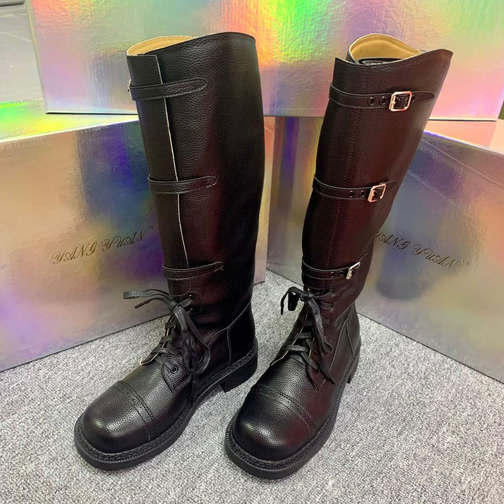 Spot Second Hair! Fashion Versatile New Retro Straps Velvet Tall Knight Boots Martin Boots Locomotive Boots