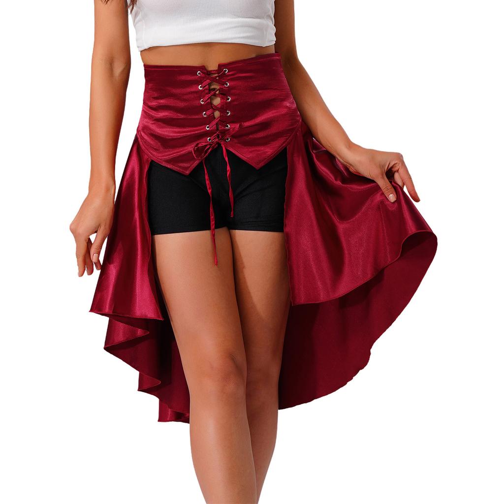 S-3XL Womens Gothic Steanpunk Satiny Skirt Front Eyelets Lace-up High-low Hem Tiered Ruffled Irregular Hem Skirt Waist Belt