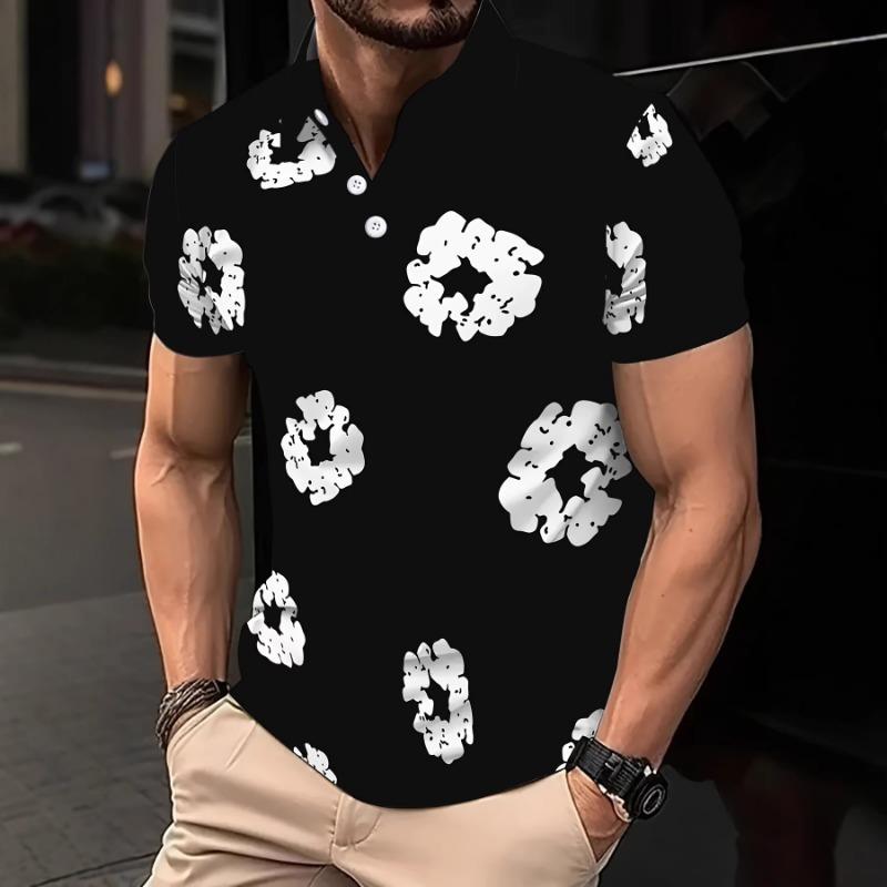 Men Abstract Floral Print Polo Shirt Short Sleeve Casual Button Down Top