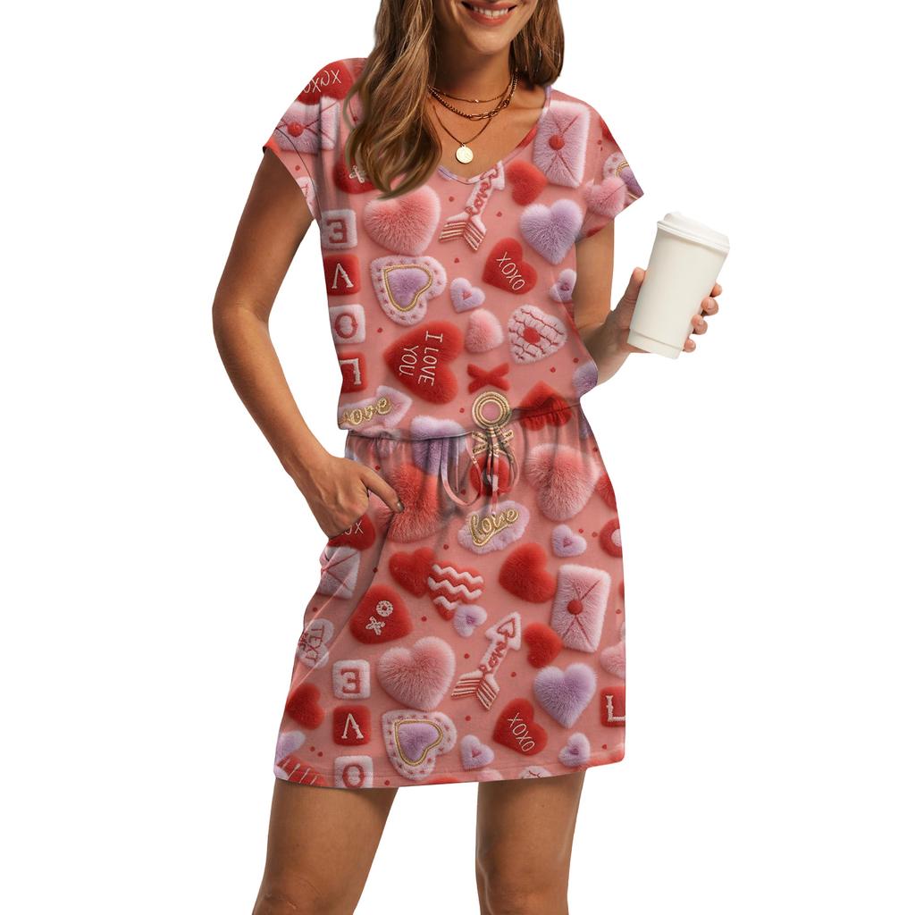 Women's V,Neck Short,Sleeve Drawstring Pocket Valentine's Day Print Casual Dress