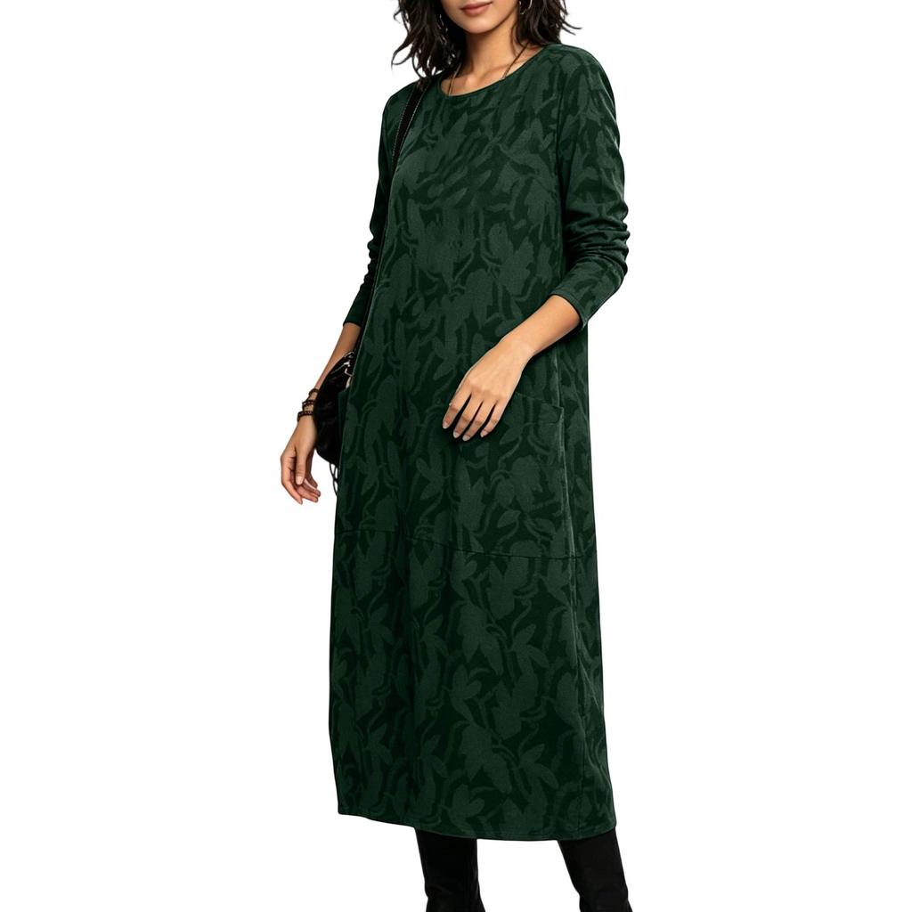 Abito lungo casual da donna con spalle scoperte, bordatura in pizzo e vestibilità ampia