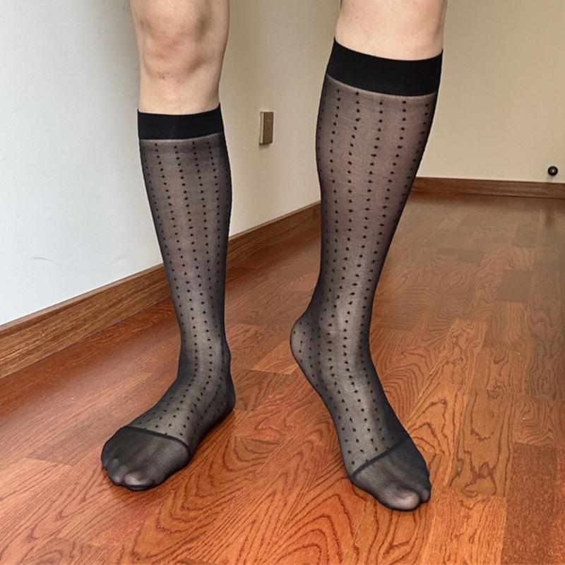 Men's Fashionable Sheer Over the Calf Long Socks Breathable See Through Dot Pattern Dress Suit Socks for Business Wear