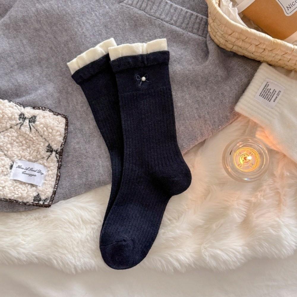 

Thickned Long Socks Cute Bow Ruffle Socks Trend Mid Tube Socks Women темно-синього кольору