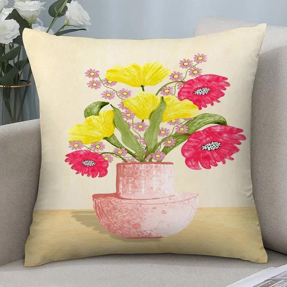 Art Flower Vase Pillow Case Short Plush Double-sided Print Square Throw Pillow Covers Sofa Home Cushion Decor