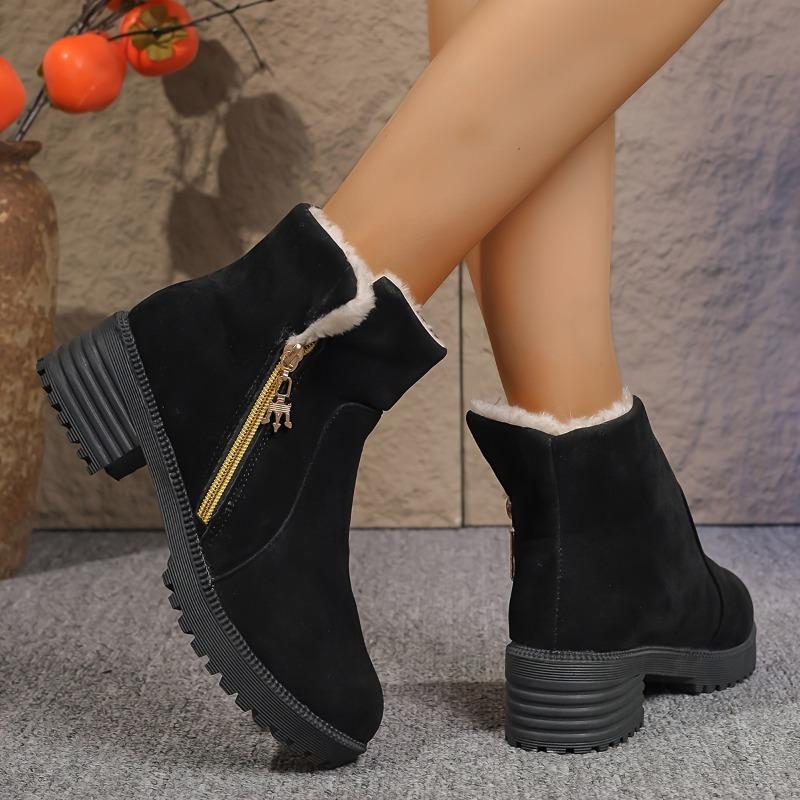 Fashion Winter New Square Heel Cotton Boots Fashion Round Toe Suede Side Zipper Platform Anti-Slip Wear-Resistant Booties