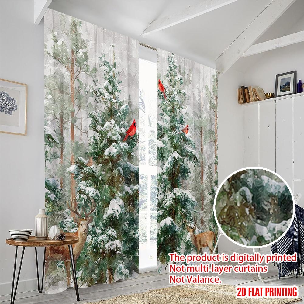 2pcs,2D Plane Printing Light Filtering Curtains Christmas Pine Tree Snowflake Versatile Polyester Fabric (without Rod)