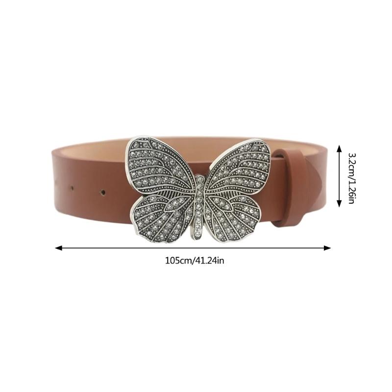 PU Waist Belt with Diamond Butterfly Buckle Adjustable Length Waist Belt Woman Girls Jeans Skirt Coat Decors Waistband