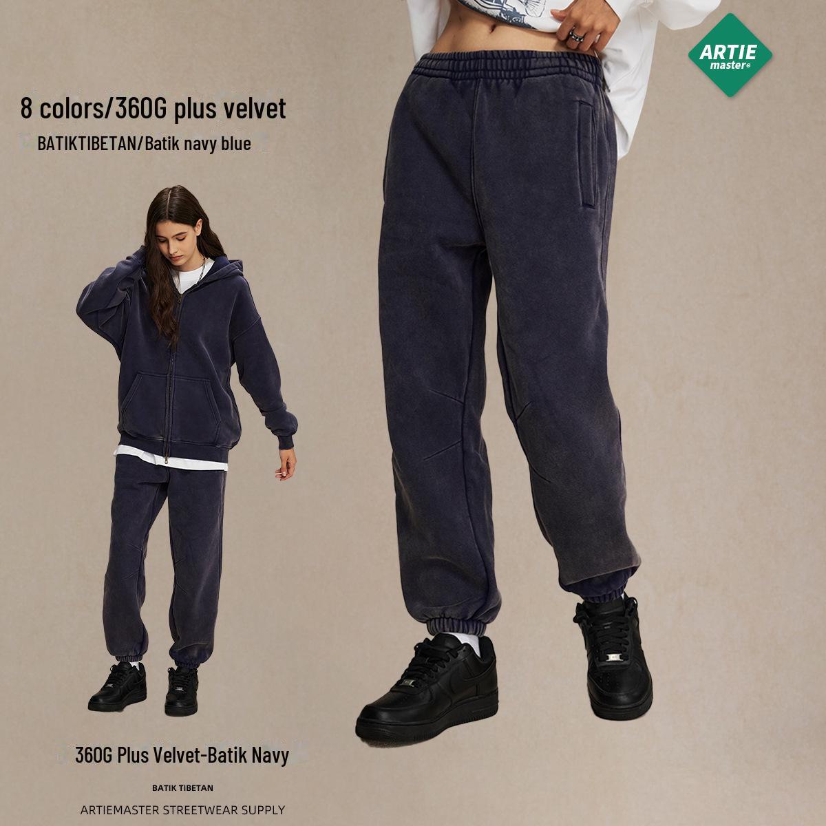 

Чоловічий осінньо-зимовий комплект ARTIE 2024 року з батиковим пранням, світшот на блискавці з двома бігунками та штани, на плюші, 360 г. M