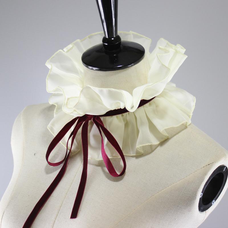 Vintage Chiffon Beige Ruffled Detachable Collar Ribbon Lace Up Scarf Costume Palace Collar Autumn Winter Decorative Fake Collar