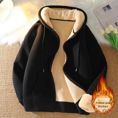 Men Fall Winter Hoodie Thick Fleece Lined Hooded Long Sleeves with Pockets Solid Color Loose Elastic Cuffs Drawstring Jacket Cou