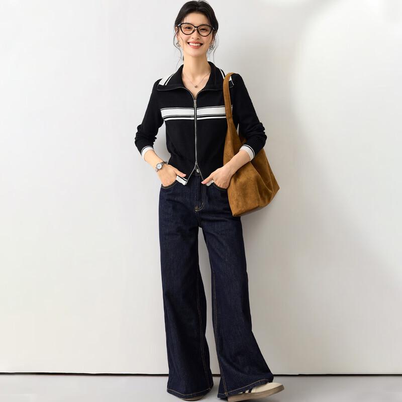 JINJU Women's Silk Blend Color-Block Zipper Cardigan