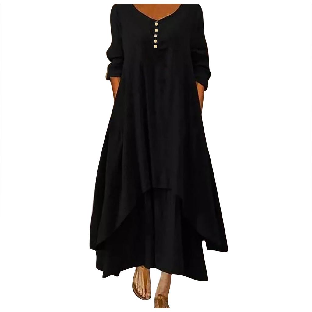 Women's Cotton Loose Shirt Dress With Button Casual Loose Maxi Dresses