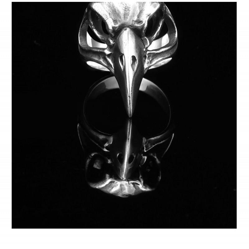 Anillo Abierto Ajustable Hombres Mujeres Vintage Punk Calavera Cabeza de Cuervo Pájaro Joyería Gótica de Plata Esterlina