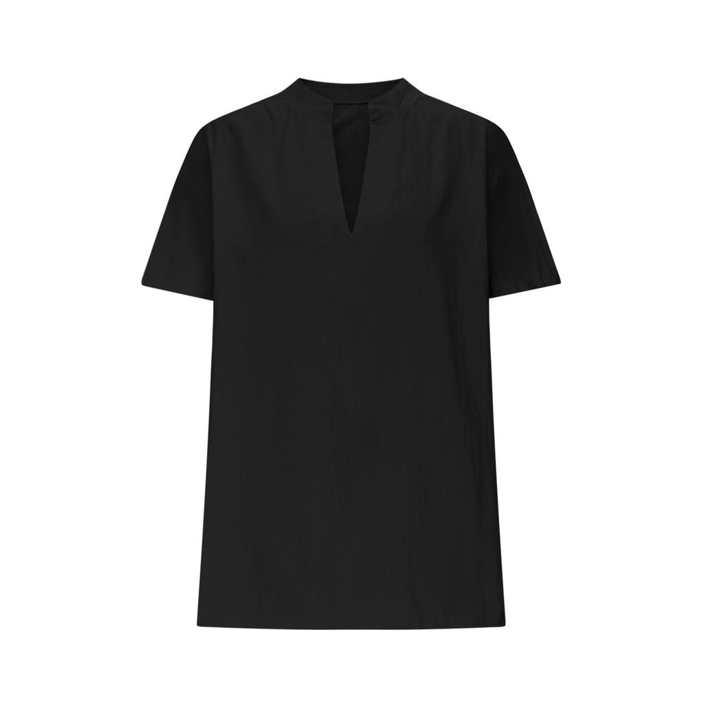 Womens Linen Short Sleeve V Neck Casual Blouse Loose Fit Lightweight Summer Top for Daily Work Travel Beach Wear