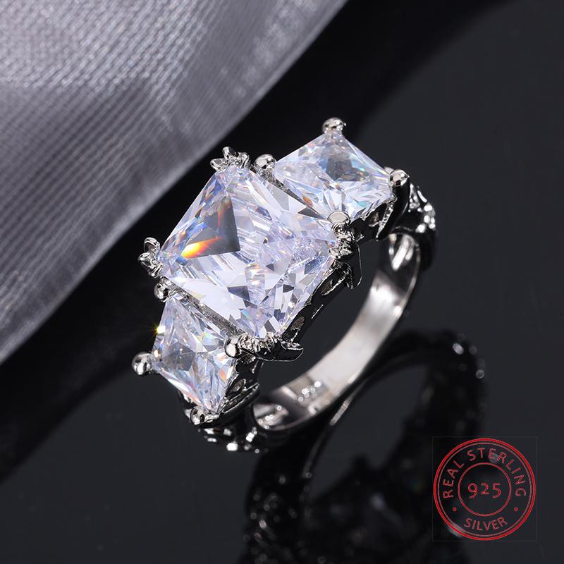 925 Silver Plated Classic Simplicity Rectangle Zircon Ring For Women Engagement Wedding Luxury High Quality Fine Jewelry