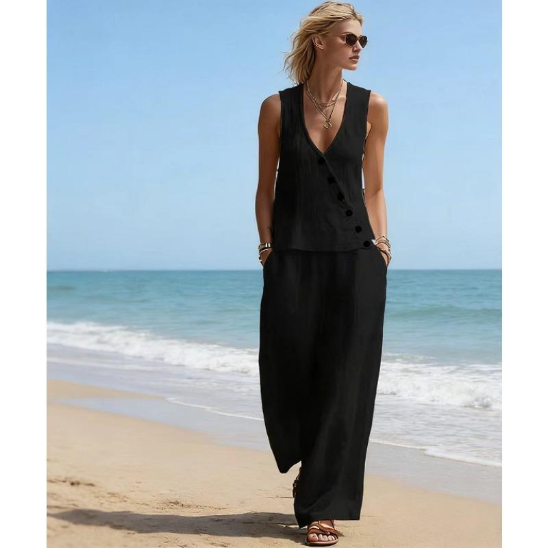 Womens Casual Sleeveless Button Top And Wide Leg Pants Two Piece Set
