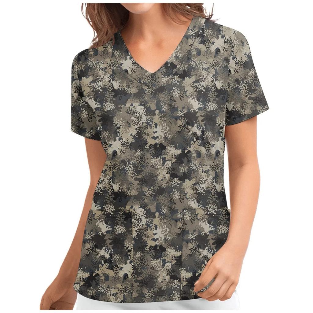 Halloween Womens Nursing Scrub Tops Working Uniform Summer Short Sleeve V Neck Pocket Workwear Blouse T-shirt Loose Nursing Scru