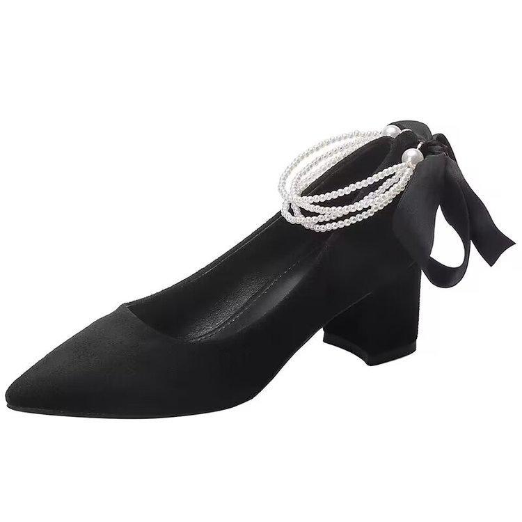 New Spring Pointed Pearl with Black High Heel Single Shoes French Gentle Temperament Medium Heel Thick Heel