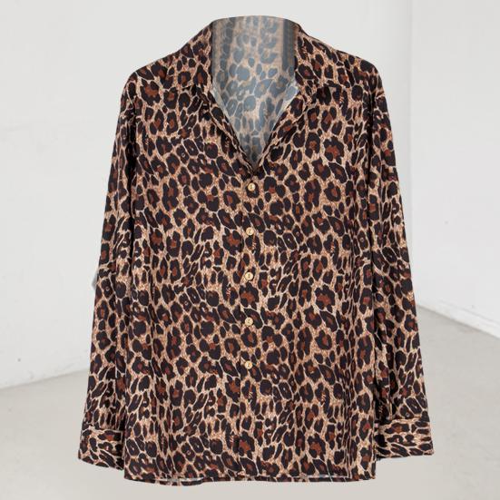 Cămașă cu guler răsturnat Cămașă ușoară cu imprimeu leopard de mărime mare Top Streetwear