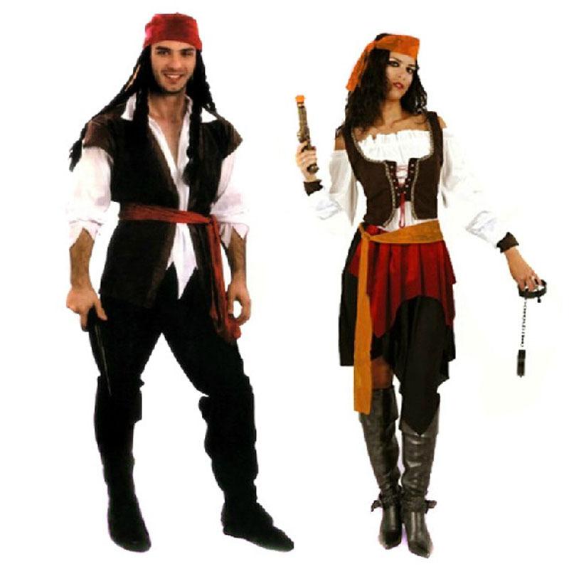 Costume di Coppia Pirati Caraibici Carnevale Halloween Capitano Cacciatrice Clubwear Tuta da Gioco Cosplay Vestito Elegante per Festa