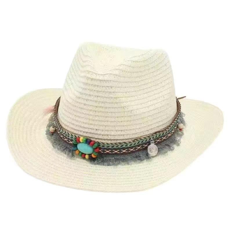 Cowboy Straw Hat Women's Summer Travel Visor Year New Ethnic Style Jazz Hat Big Brim Beach Hat