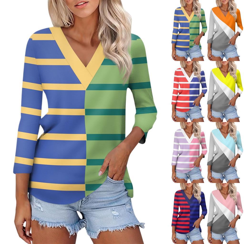 Women's Casual Fashion Sexy Comfortable V-neck Splicing Geometric Pattern Three-quarter Sleeve Top
