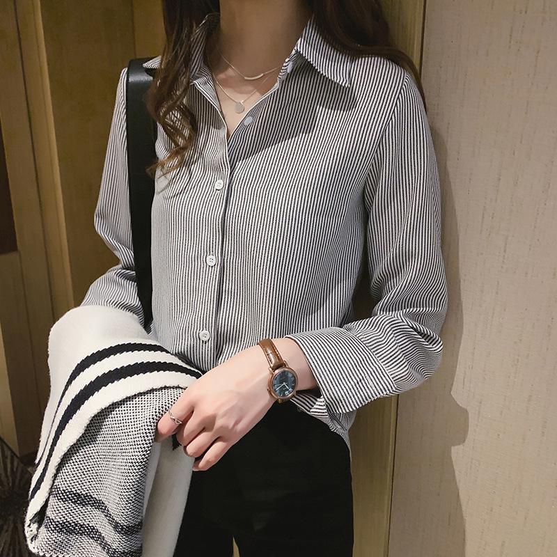 Large Size Vertical Striped Shirt Female Loose Shirt Long-sleeved Bottoming Shirt Tide Vintage Basic Office Casual Women Shirt Comfortable Clothes