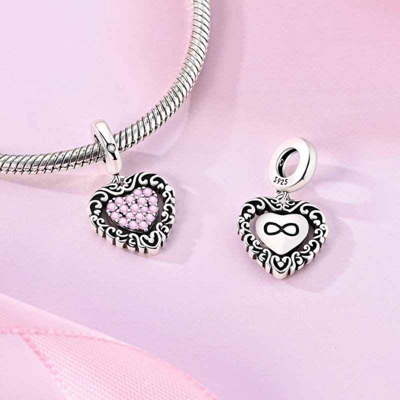 Original 925 Sterling Silver Charms Bead Rotatable Pink Heart Pendant For Women Fit Original Bracelet Necklace DIY Jewelry Gift