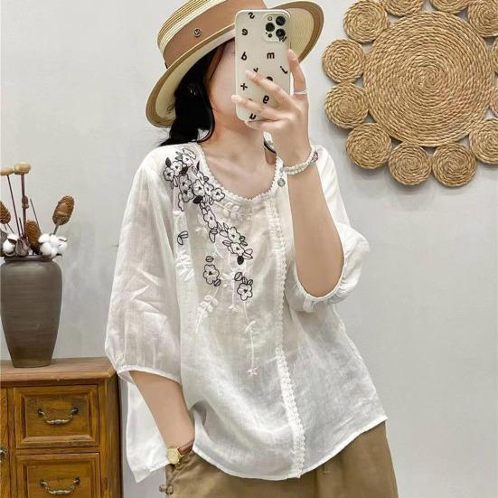 Dámské triko s kulatým výstřihem, 3/4 rukávem, vyšívaným květinovým vzorem, jednobarevné tričko s volným střihem, triko Streetwear