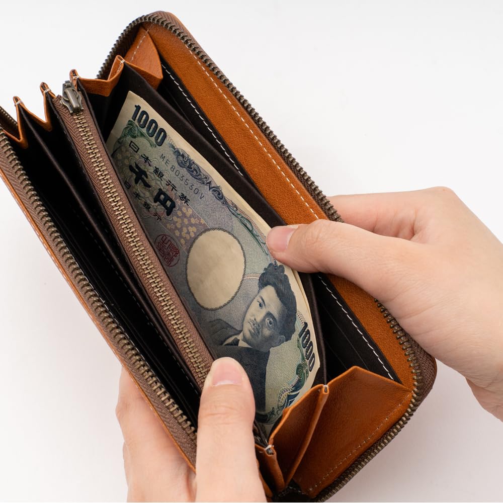 [e-mono] Genuine Leather Long Wallet, Tochigi Leather, Skimming Prevention, Round Zipper Wallet, Cowhide Leather, Zipper Purse, Long Wallet,