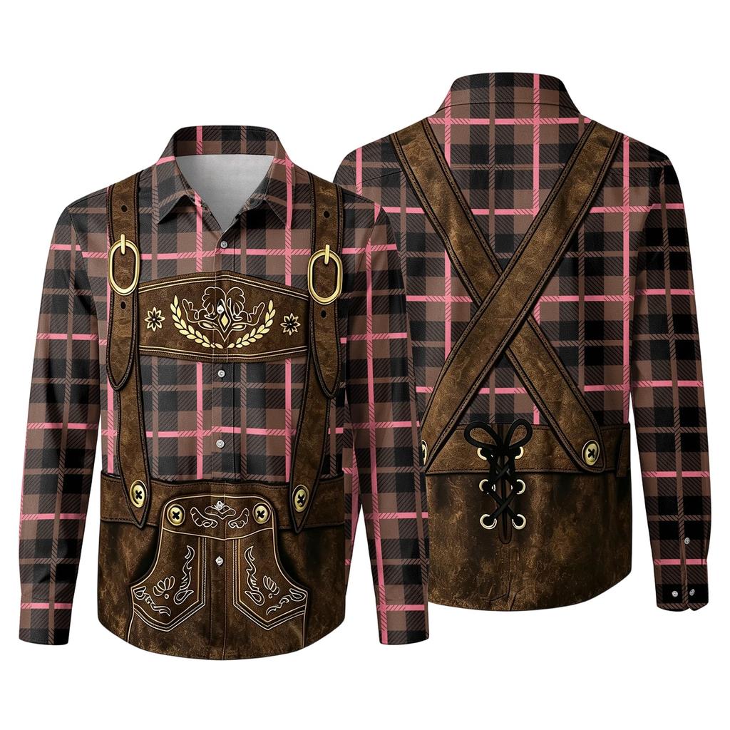 Herren Langarmhemd mit 3D-Druck Karomuster Klassischer Kragen Lockerer Schnitt Vintage-Stil für Festivals Partys und Outdoor-Aktivitäten